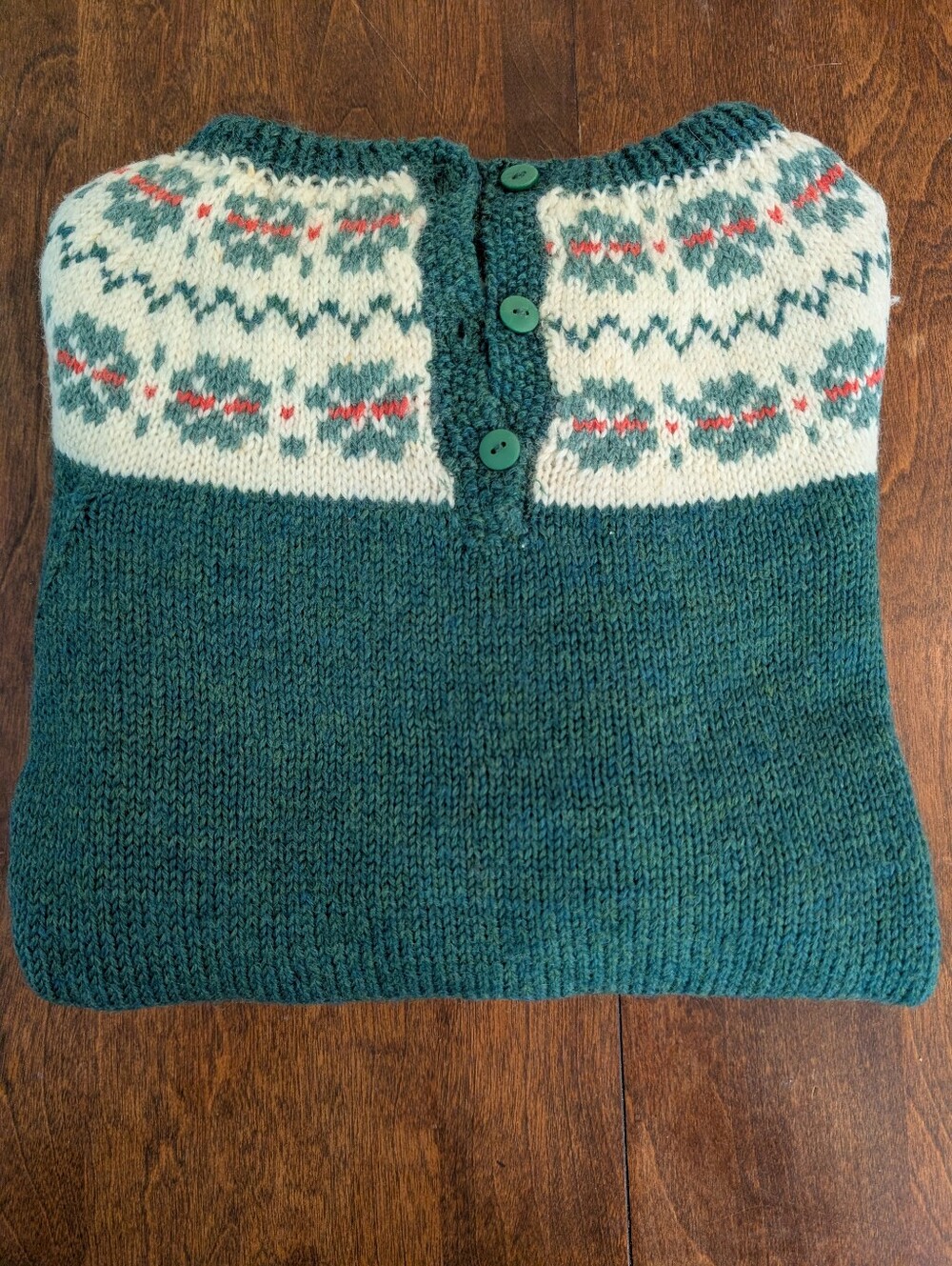 Heirloom Vintage Hand knit Wool Green Fair Isle Pullover Sweater Jumper S
